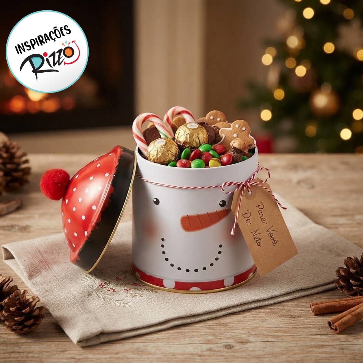 Lata de Metal de Natal Redonda - Boneco de Neve com Gorro e Pompom