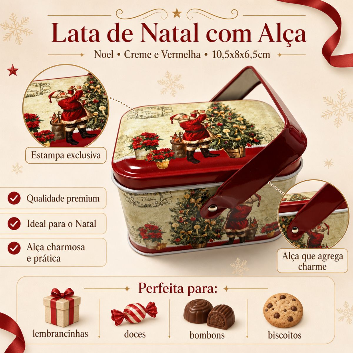 【Noel】 Lata de Natal de Metal com Alça - Noel - Creme e Vermelha - 10