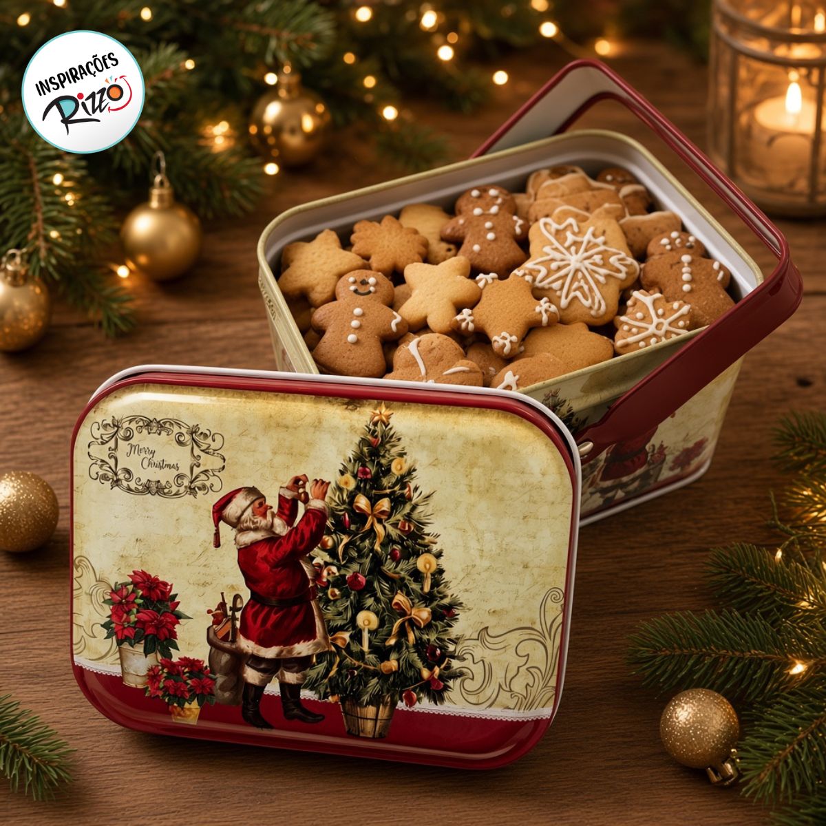 Lata de Natal de Metal com Alça - Noel - Creme e Vermelha - 10