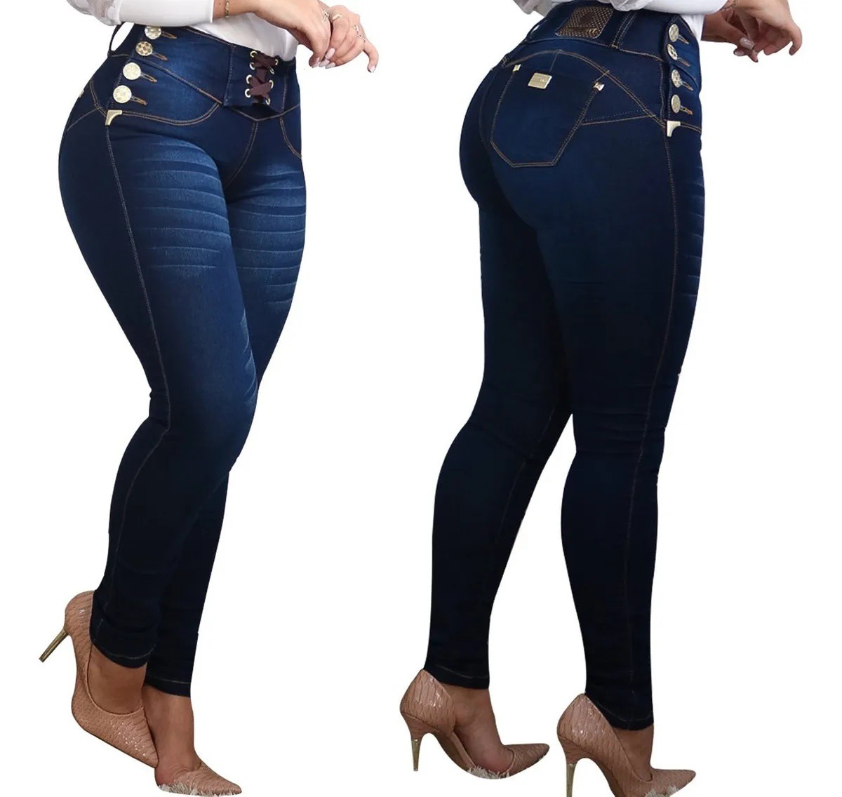 Calca jeans cintura alta cos alto cordinhas estilo pit lycra