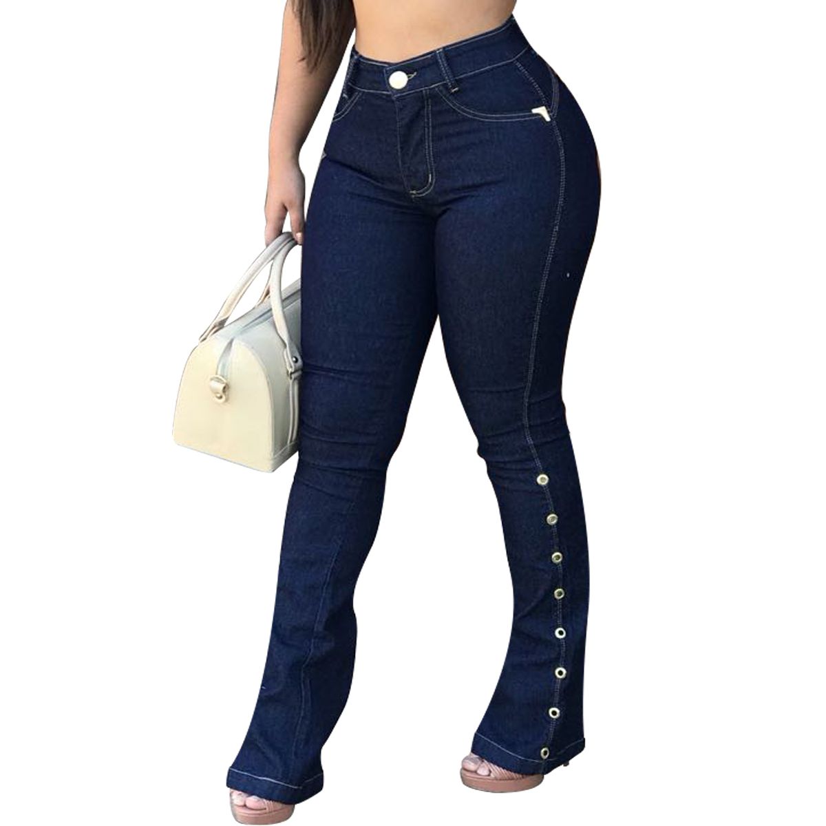 Jeans skinny azuis escuros com cintura alta, calças jeans elásticas de  cintura alta, jeans femininos, roupas femininas