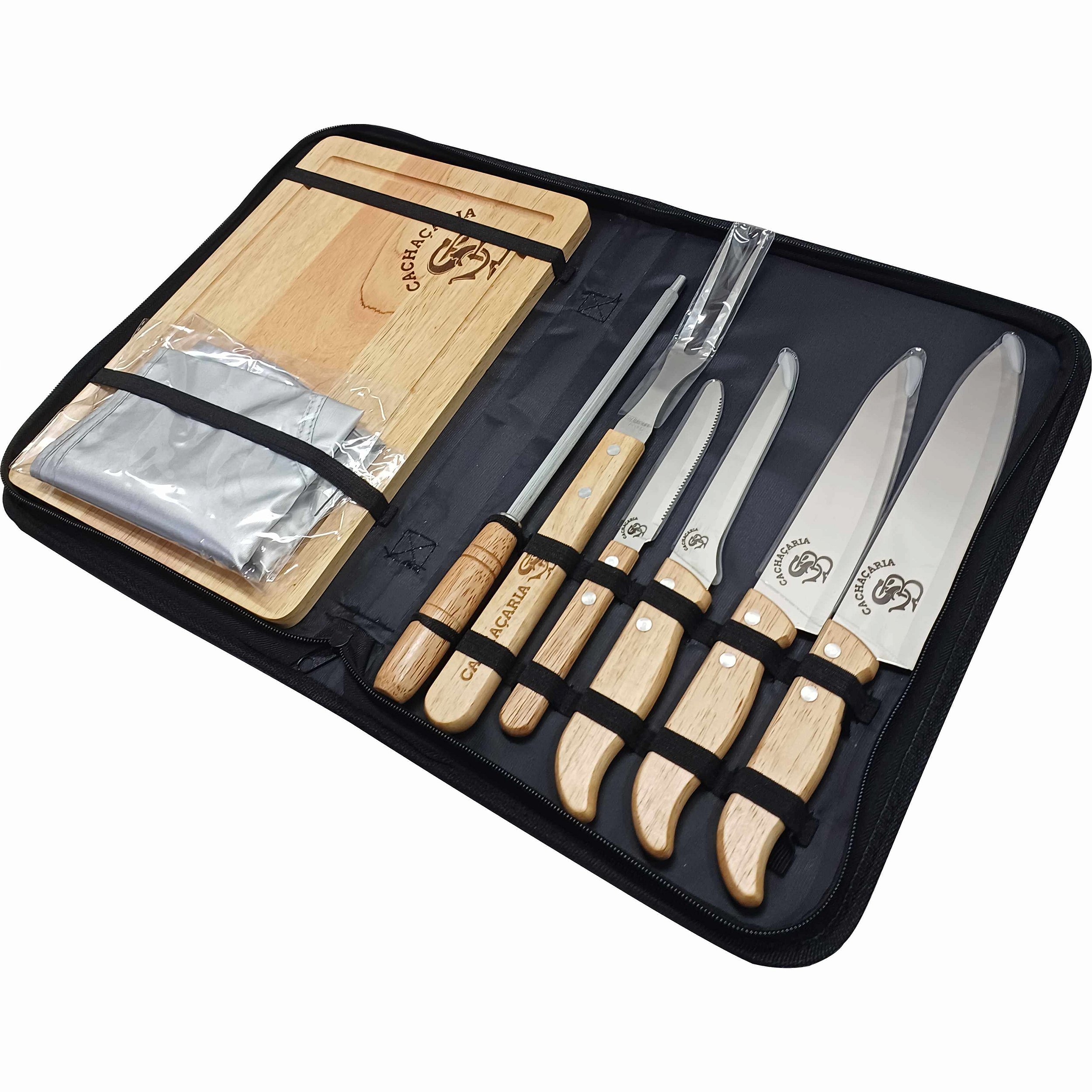 Kit Churrasco 8 Peças com 4 Facas, Garfo, Chaira, Avental e Tábua de Corte com Estojo
