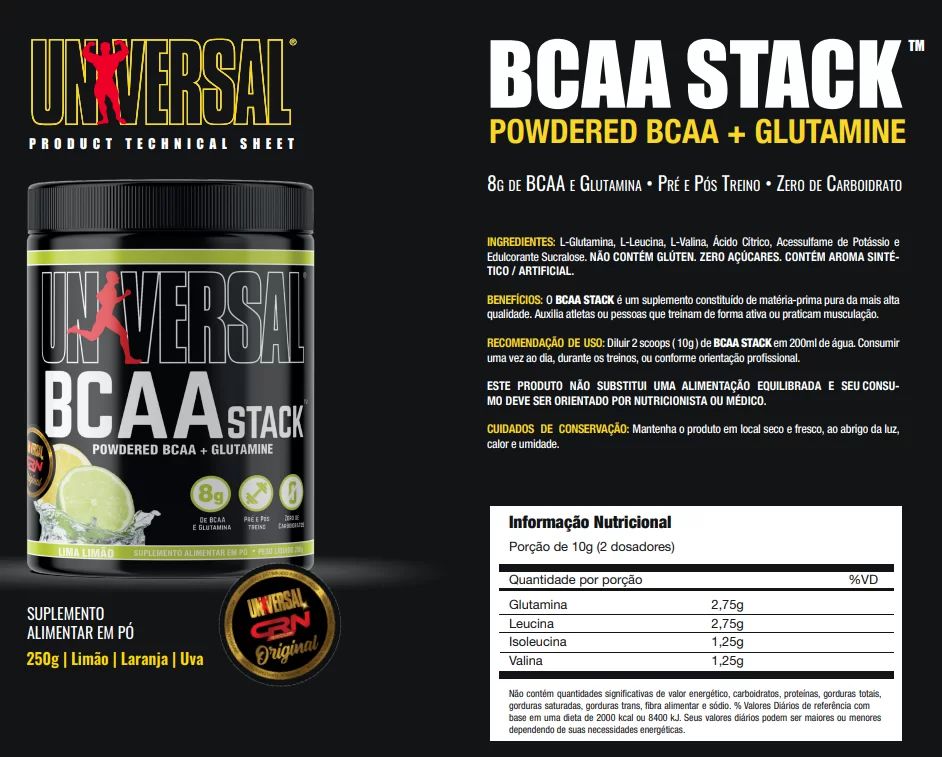 BCAA STACK 250G LIMÃO UNIVERSAL - CASAL MONSTRO SUPLEMENTOS