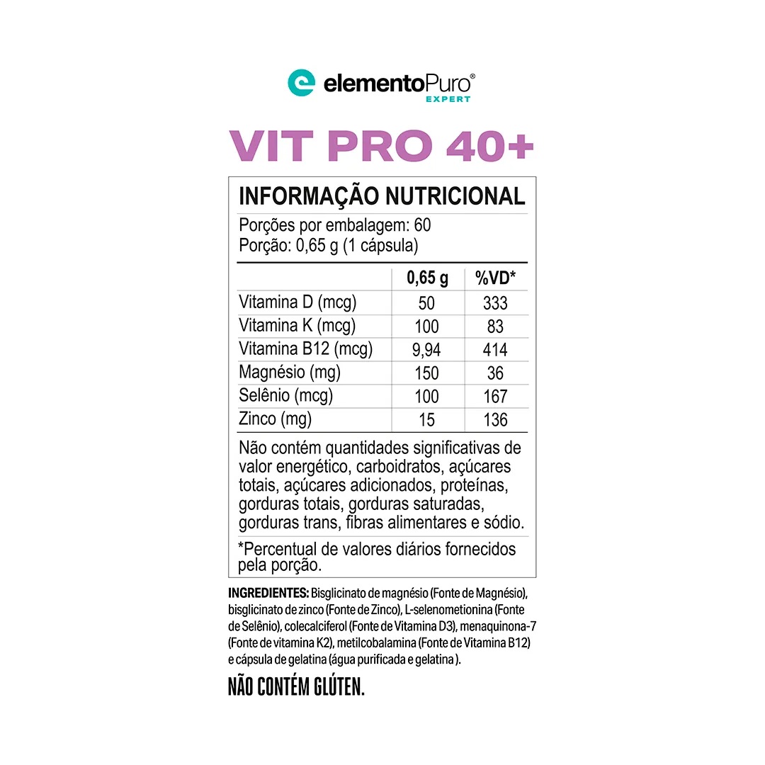 VIT PRO 40+ ELEMENTO PURO 60 CAPS - CASAL MONSTRO SUPLEMENTOS