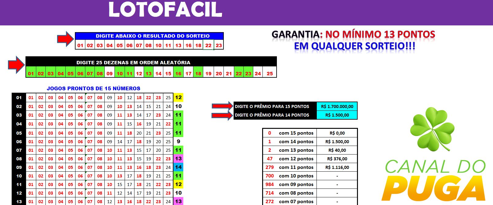 Excel - Planilha megasena lotofácil