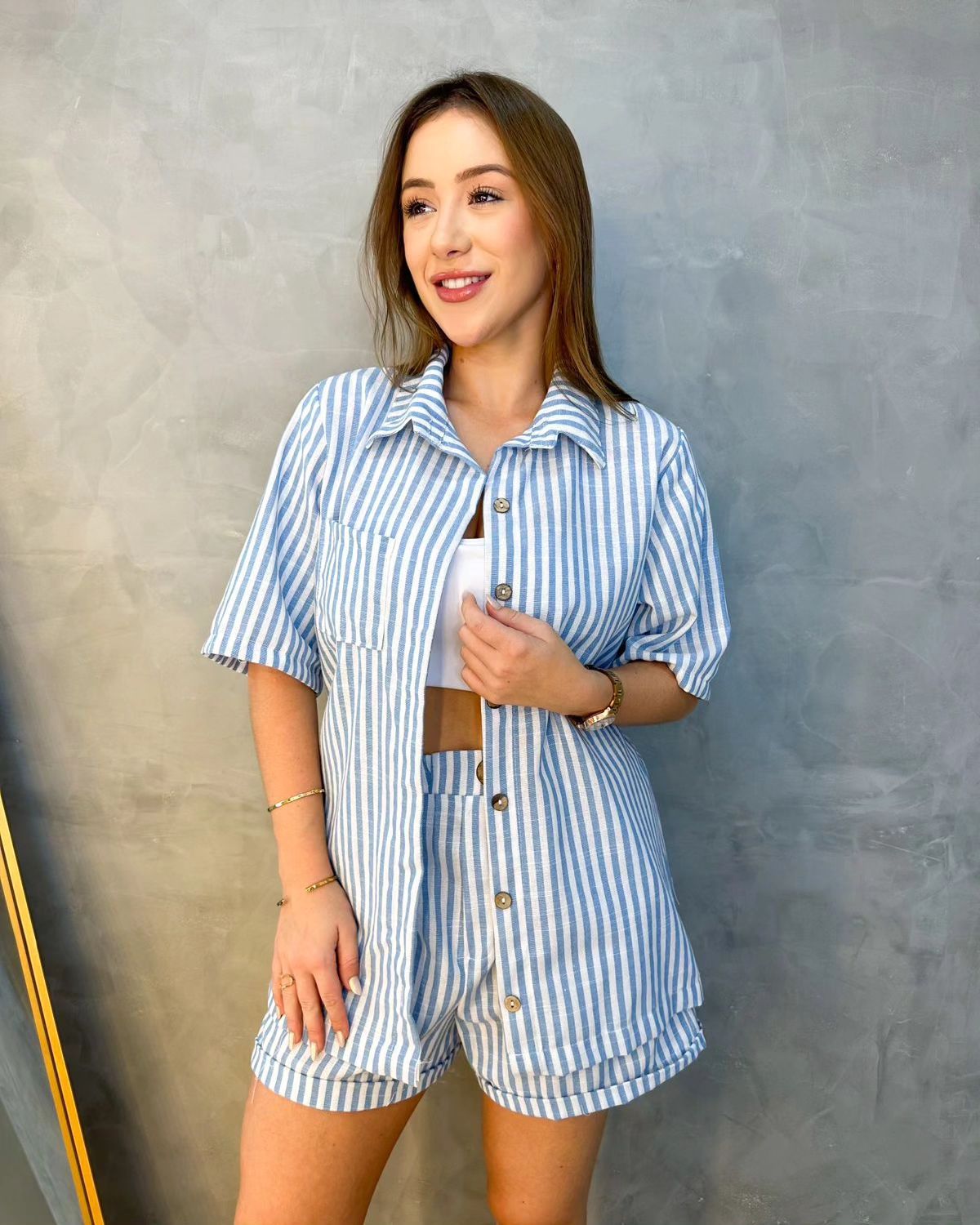Conjunto listrado de camisa e short - Pink, azul e laranja - Madame ...
