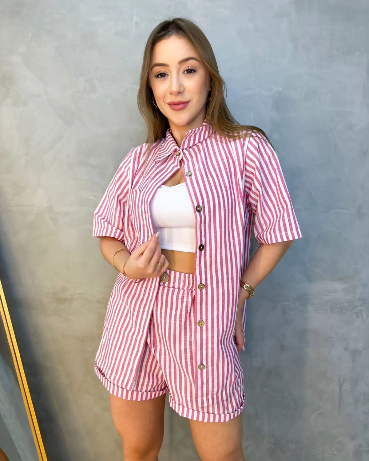Conjunto listrado de camisa e short - Pink, azul e laranja - Madame ...