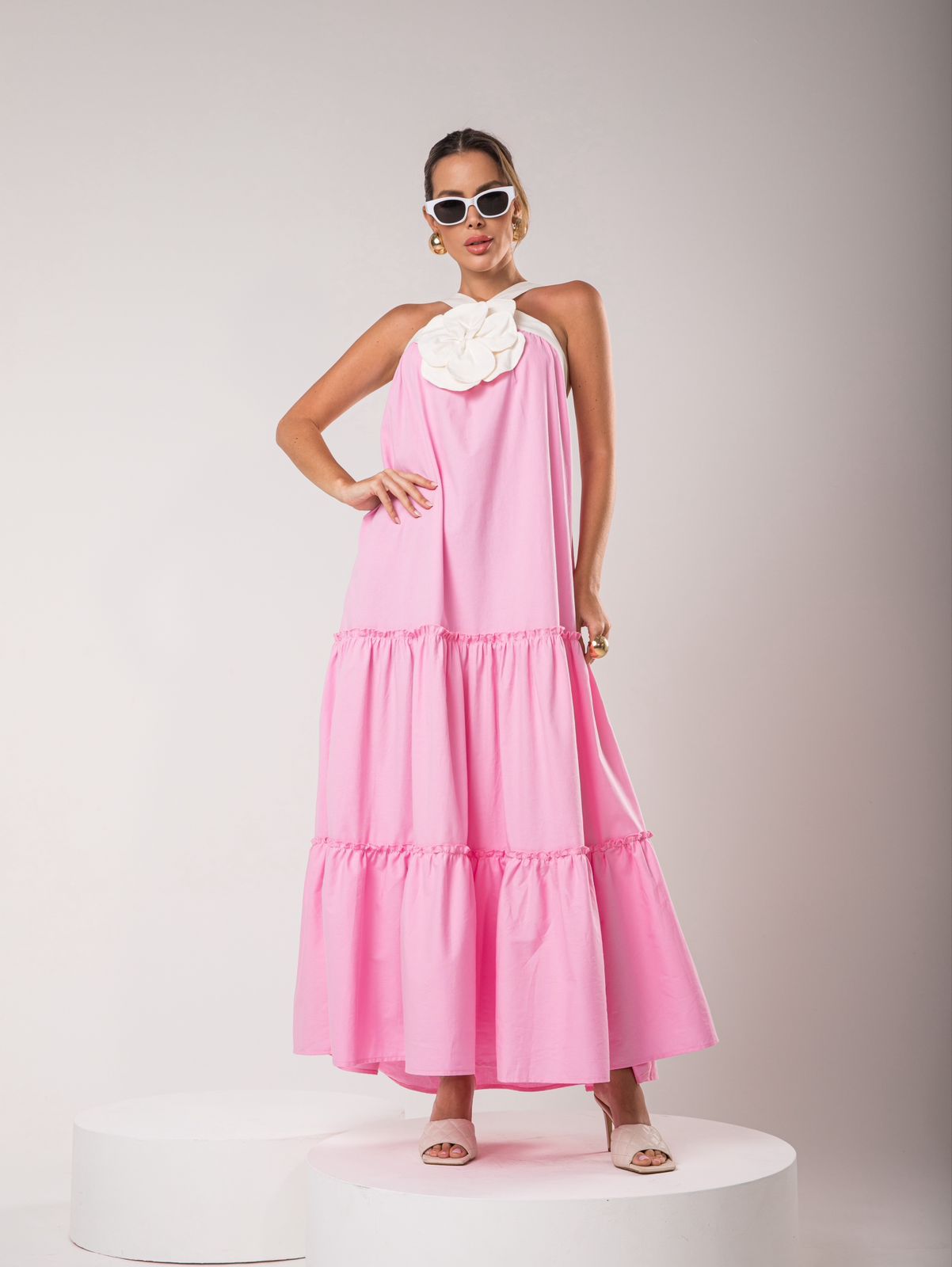 vestido patchwork python - loja online de roupas... Vestido longo Fabuloso com detalhe de flor 3D - Rosa / Off white ...