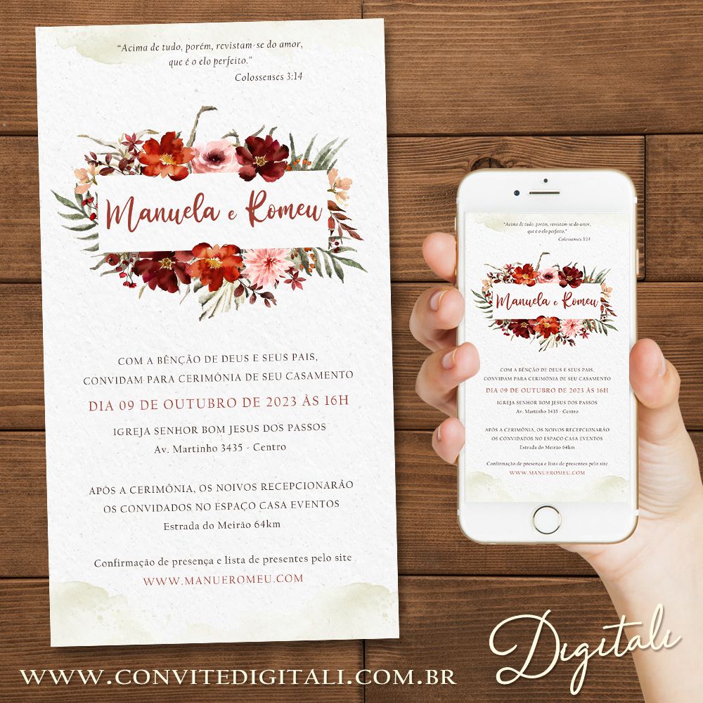 Convite Casamento Florido Marsala e Verde - Arte Digital é na