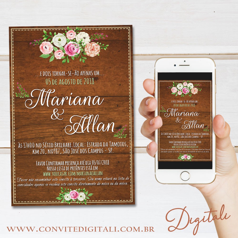Convite Casamento Rústico Florido - Arte Digital é na Digitali - Digitali  Convites e Kits Digitais