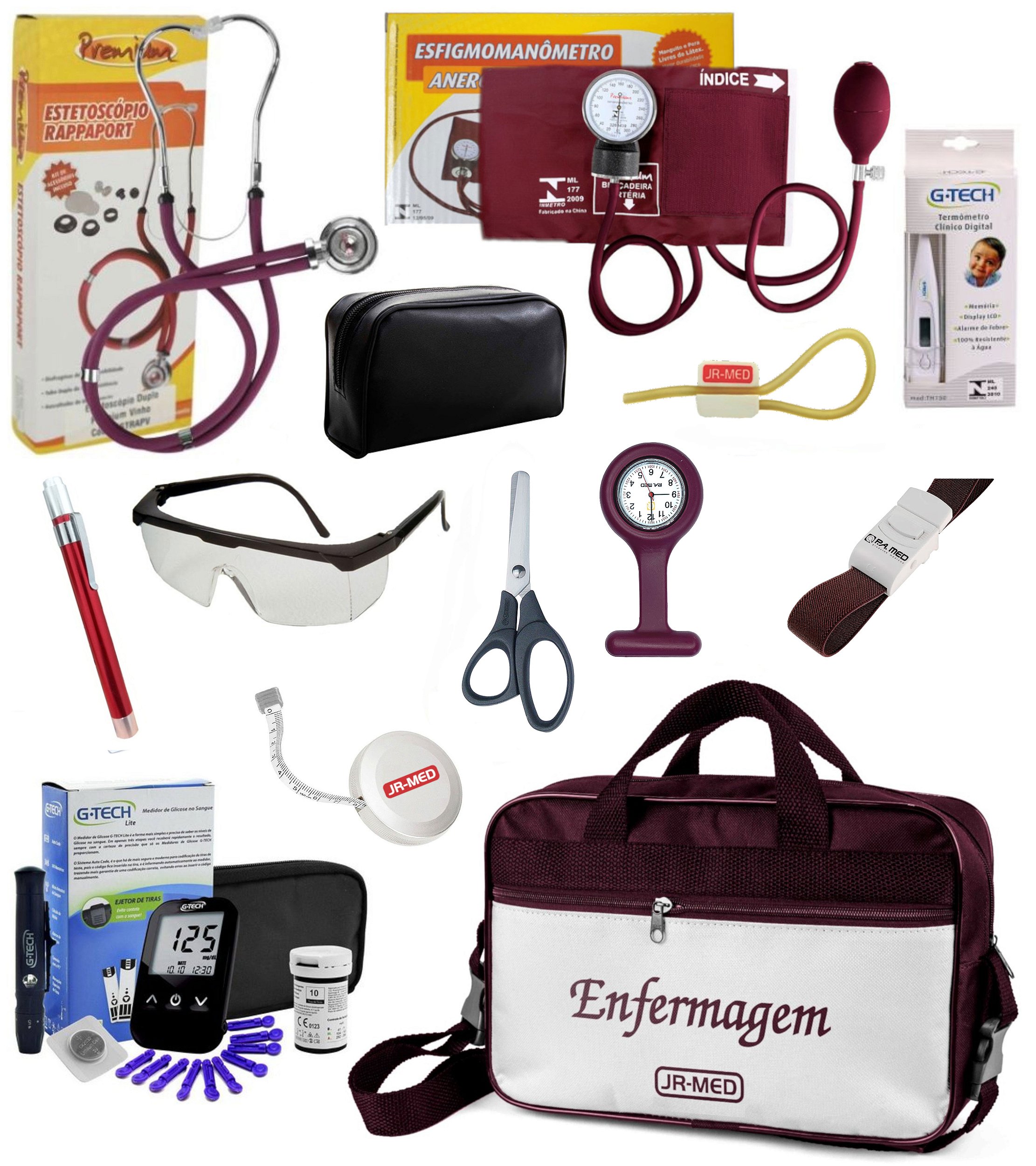 Kit Enfermagem Completo com Aparelho e Estetoscópio Premium + Relógio +  Glicose G-tech + Bolsa Estágio - JRMED