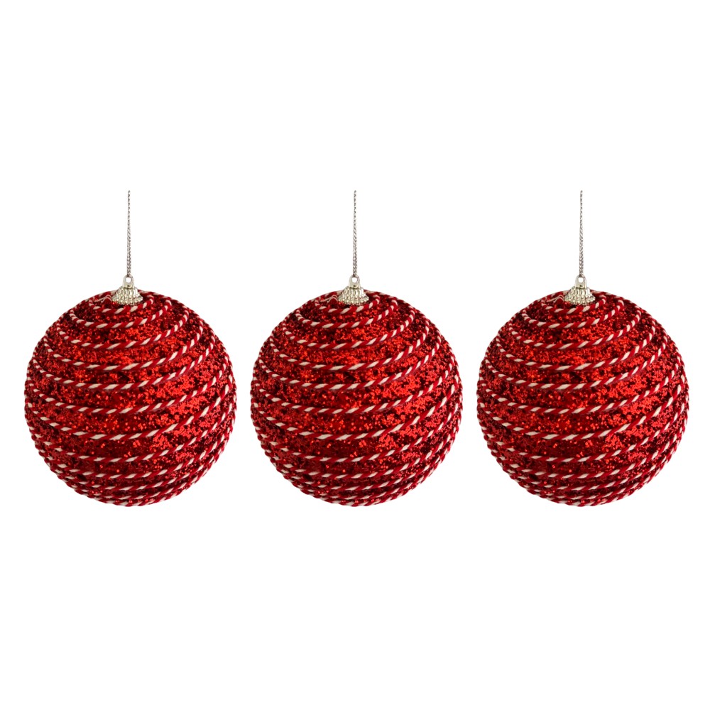 Jogo Com 3 Bolas de Natal Ø 12cm Vermelha Camurça Decorada - Papel Mache