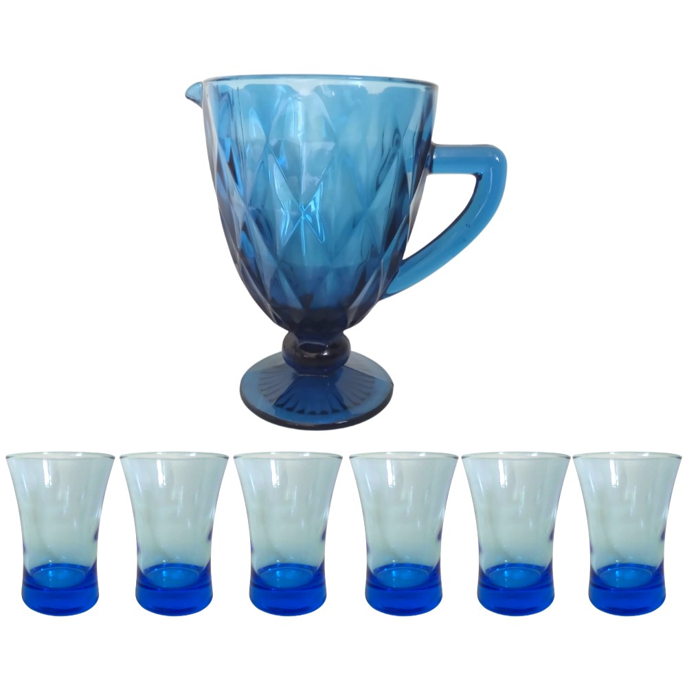 Jogo De 7 Peças Jarra E Copos De Vidro Azul Para Água Suco em Promoção na  Americanas