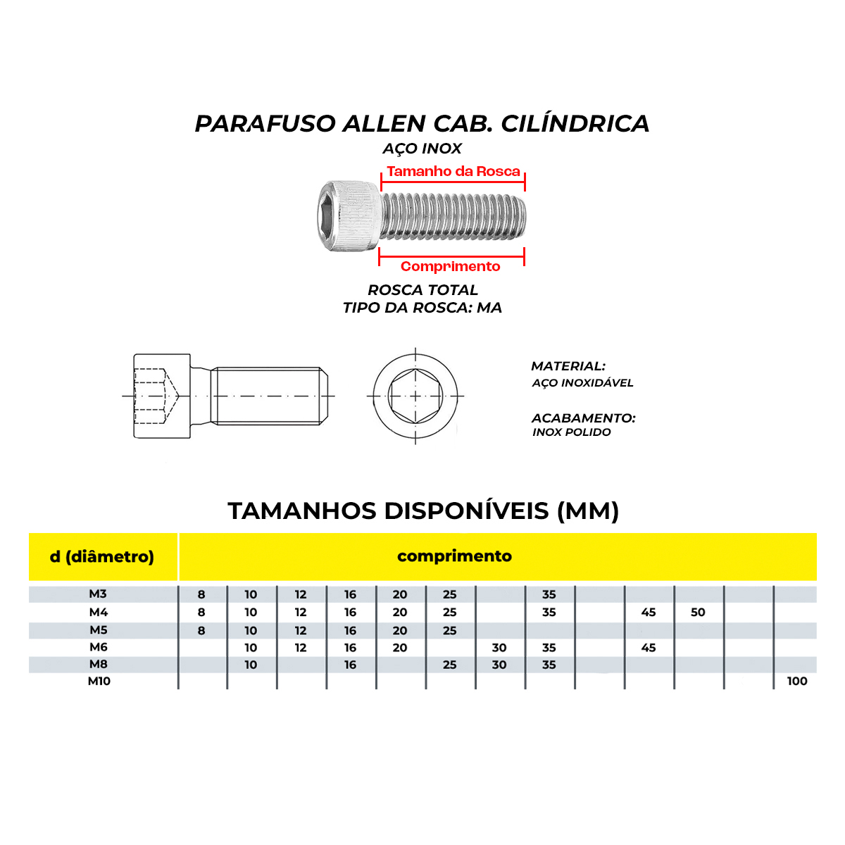 Parafuso Allen Cab Cilindrica - DIN 912 0,80 - M5 - Aço Inox