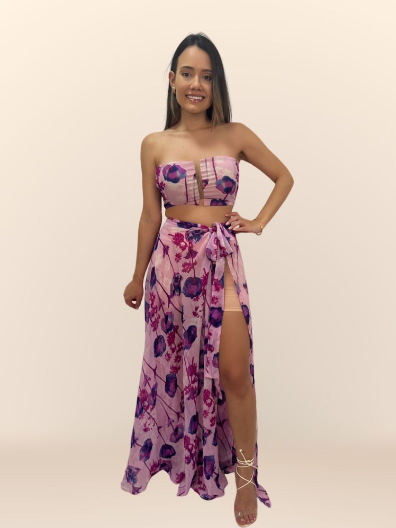 Conjunto Saia Longa e Cropped Liandra Nana Marie Estampa Lilas