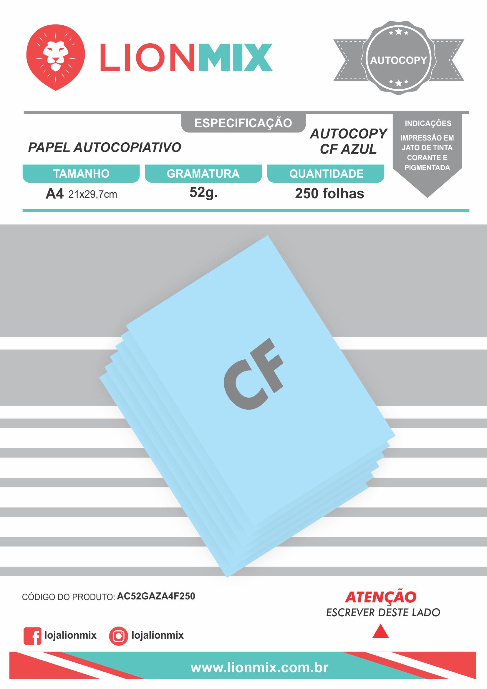 PAPEL AUTOCOPIATIVO CF 52g. AZUL - A4 PCT 250 FOLHAS - Lion Mix ...