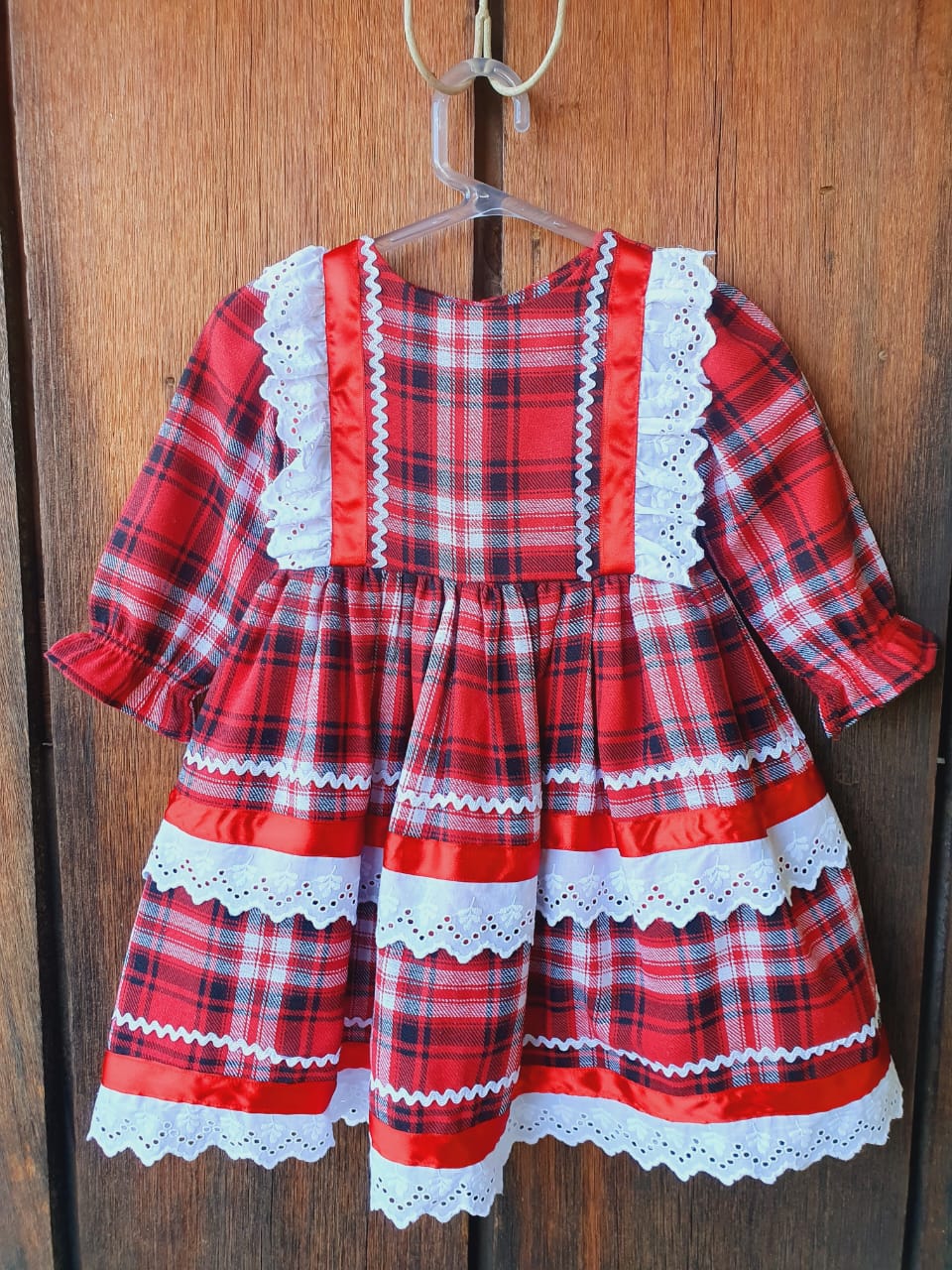 Vestido para Bebê Xadrez Festa Junina Vermelho