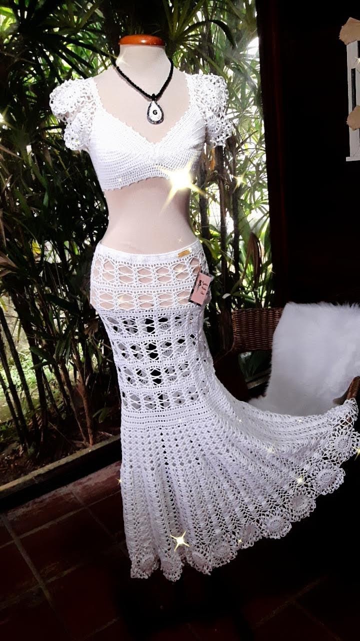 Conjunto Croped e Saia Sereia Crochê Branco Ano Novo - Pyetra Moda Chic