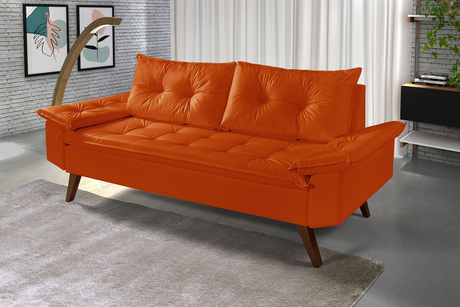 413-0232ソファ　bowchan20 Sofá 3 lugares Bariloche laranja com 2 banquetas - Zargo