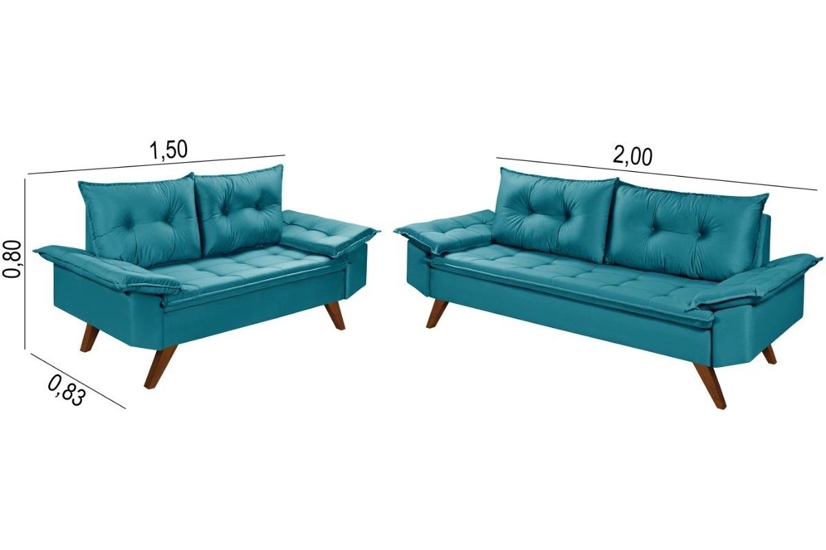 Jogo de Sofá Azul Turquesa 2 e 3 Lugares Bariloche em Suede Zargo