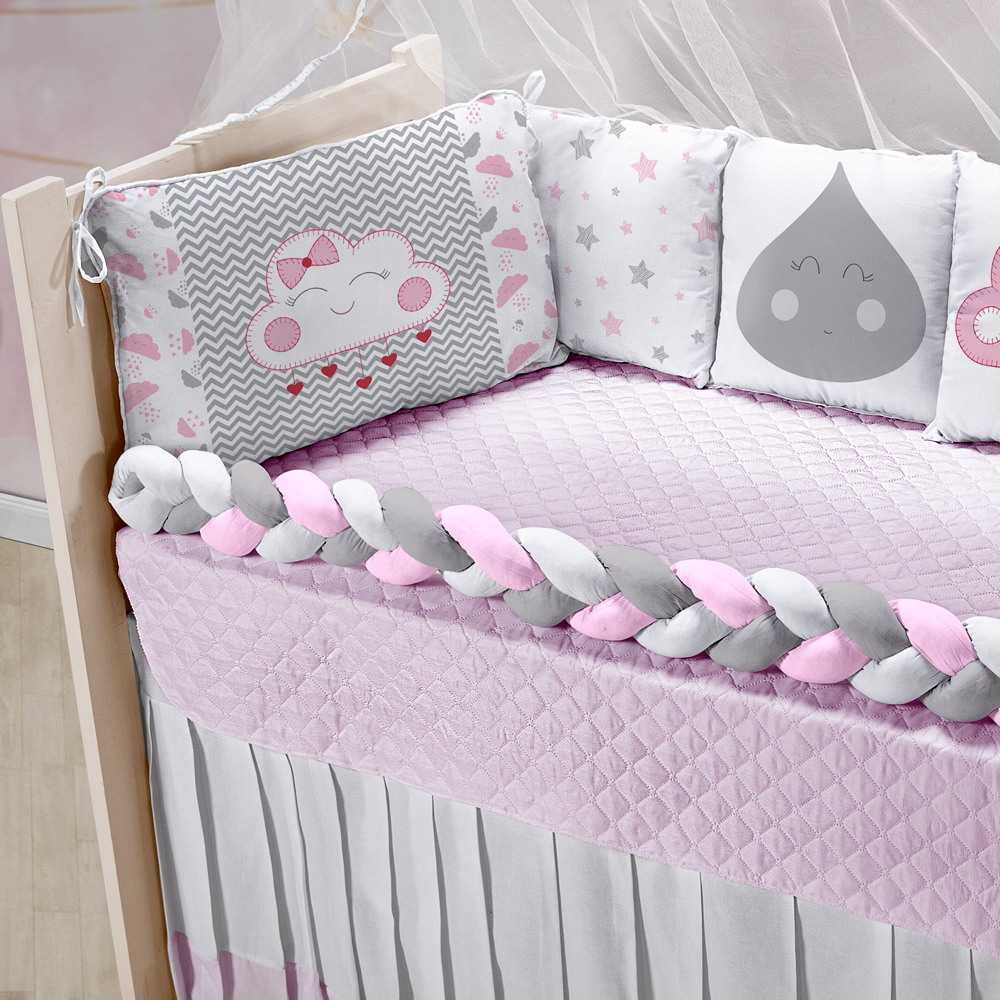 Kit Berço Trança Nuvem Rosa 9 Peças | Mega Loja do Bebê - Mega Loja do Bebê  - Enxovais para Bebê, Kits Berço, Kit Cama Babá, Cortinas, Roupinhas...