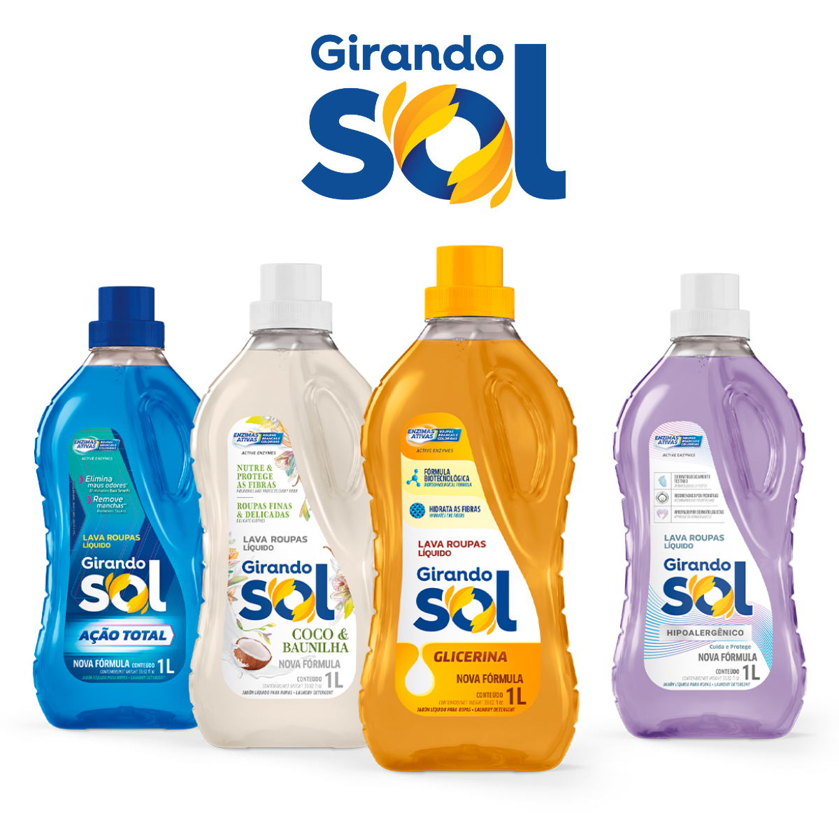 Lava Roupas Líquido Glicerina Girando Sol 1L, Roupas Brancas E ...