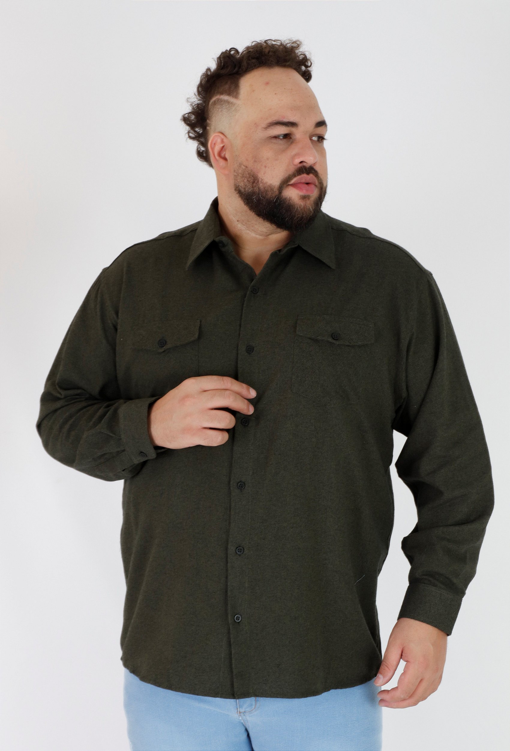 Camisa Flanelada Masculina Lisa Plus Size - Verde Militar - DAZE MODAS