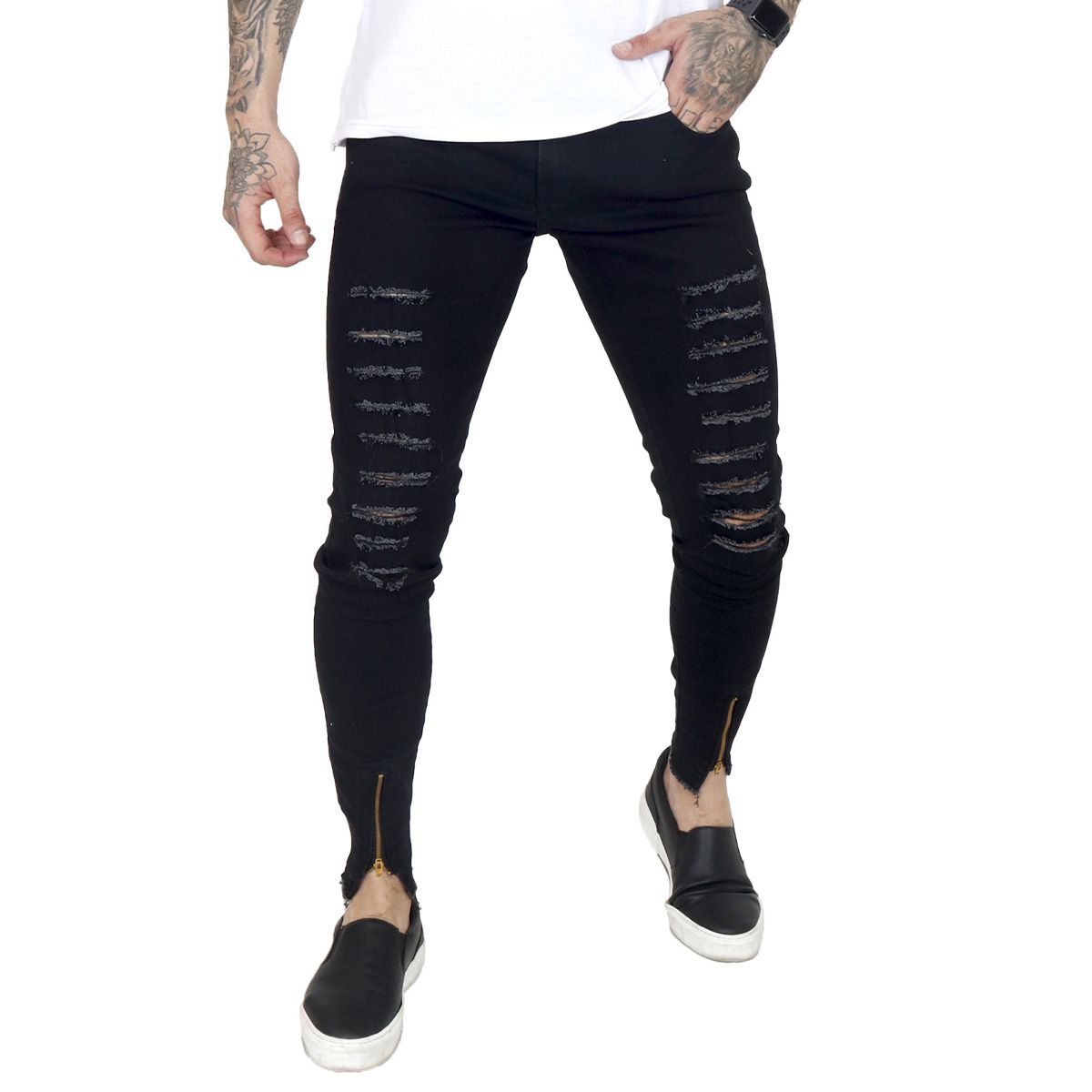 Calça Super Skinny Masculina Com Lycra Jeans Ziper na Perna