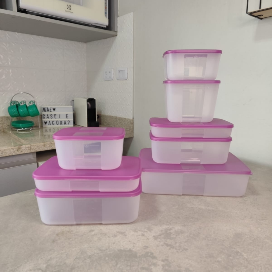 Tupperware Kit 8 Peças Freezer Mate Tampa Roxa - Mãe, Casei e