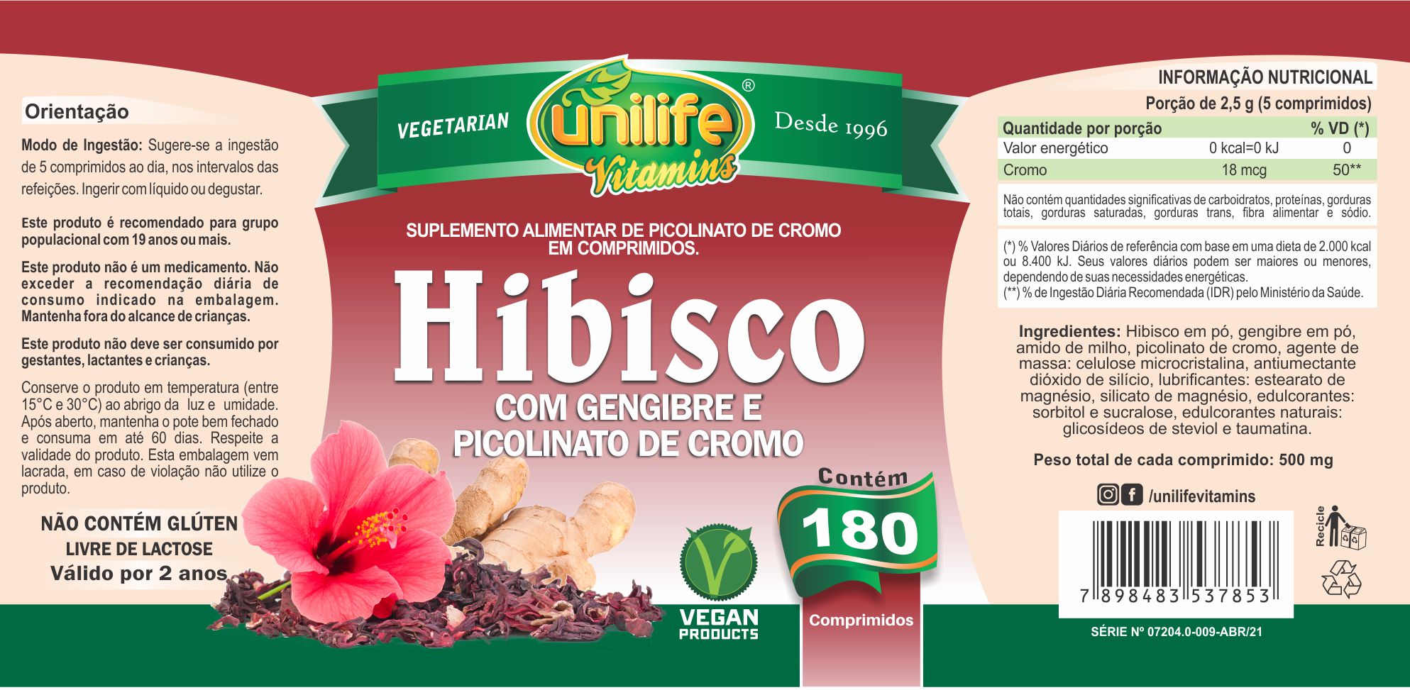 HIBISCO C GENGIBRE COMPRIMIDOS UNILIFE Lilló Cosméticos Inspiração e Cuidado