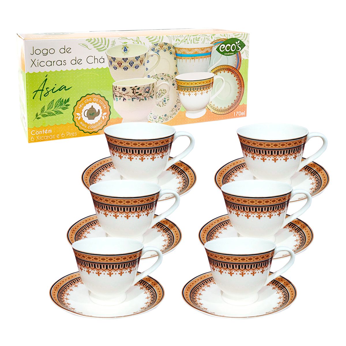 JOGO 6 XICARA CAFE CHA PORCELANA 170ML COM PIRES COLORIDA - MUNDO