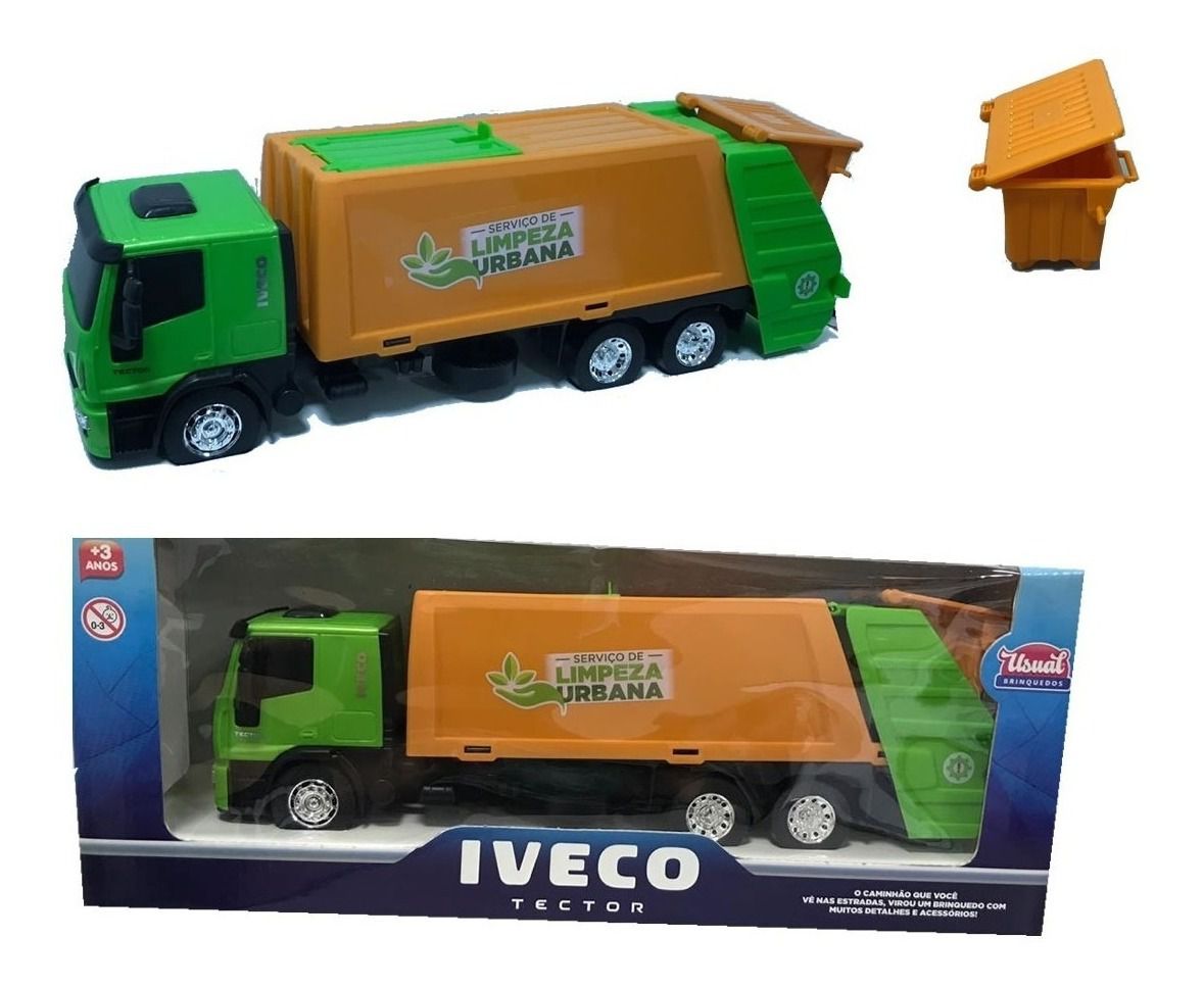 Caminhão de Brinquedo Iveco Tector Coletor Laranja e Verde em