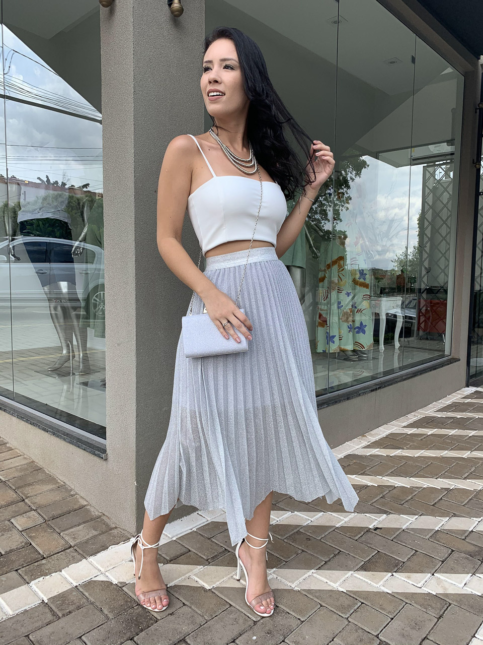 Saia Midi Tricot Plissada Tricot Saia Plissada Lurex Saia Midi