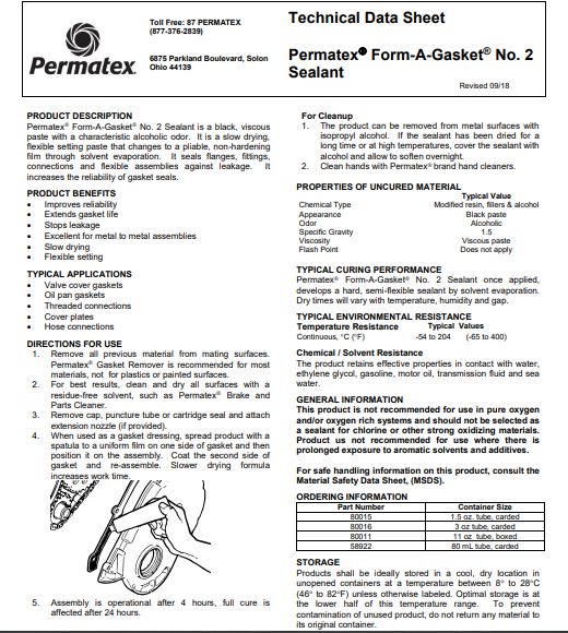 Permatex 2 FORM-A GASKET SEALANT 85g FAG2 80016 - Formador de Juntas ...