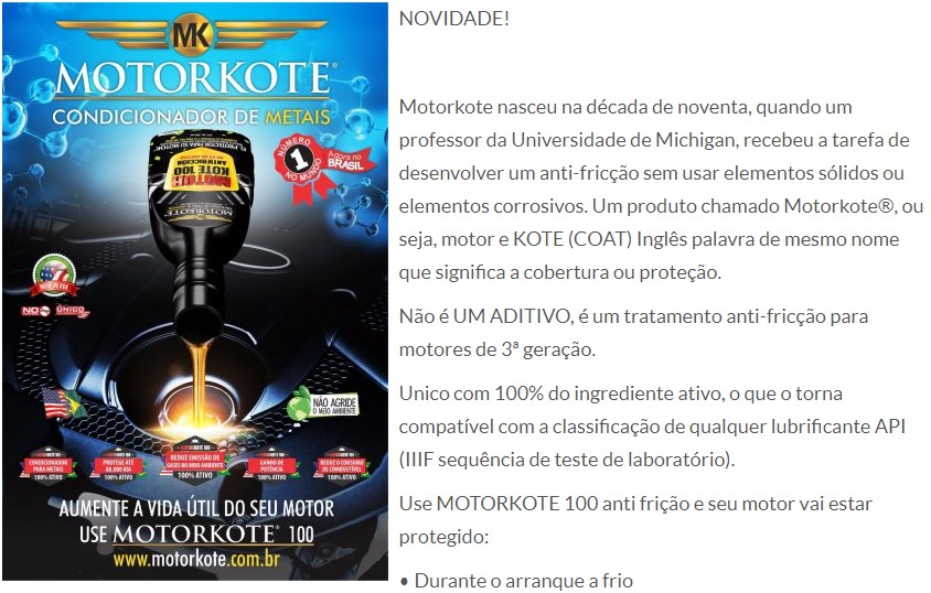 MOTORKOTE 100 Antifricção 3a Geração Condicionador de Metais 236 ml