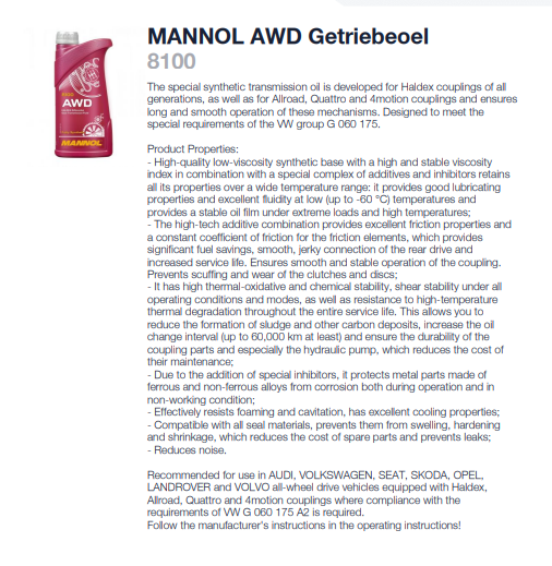 MANNOL HALDEX DIFFERENTIAL 8100 AWD 850 ML - FLUIDO HALDEX - Fast Car ...