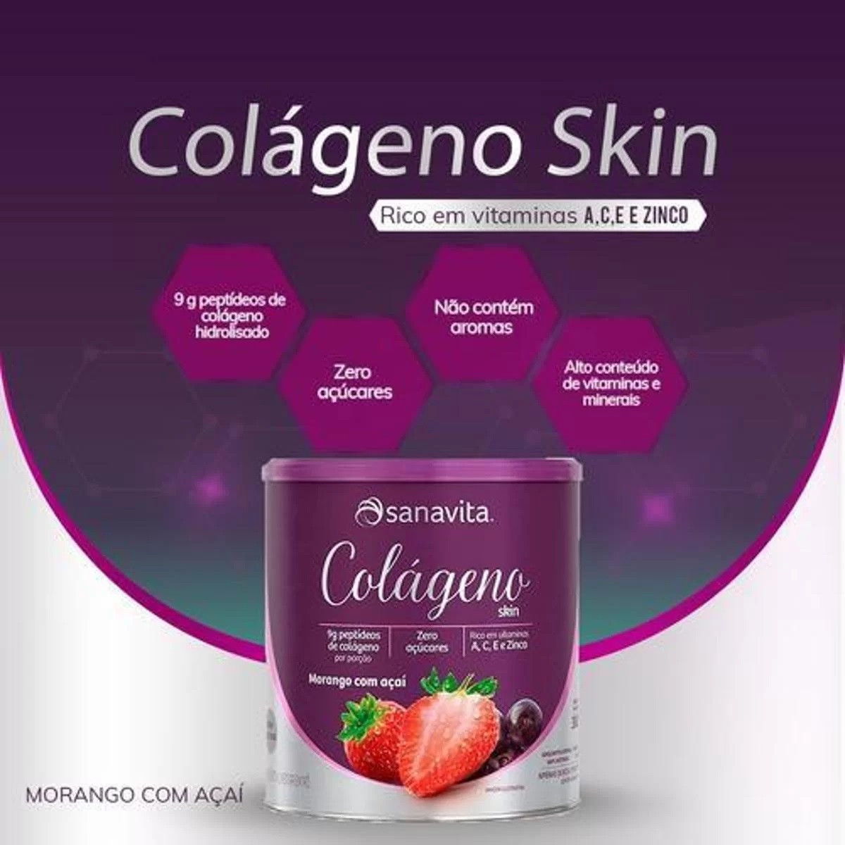 Colágeno Skin Sanavita Morango com Açaí 200g - HiperABC