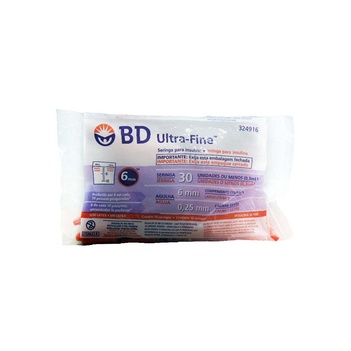 SERINGA BD ULTRA FINE 30UI 6MM 10 UNIDADES - Farmácia Central do Diabético