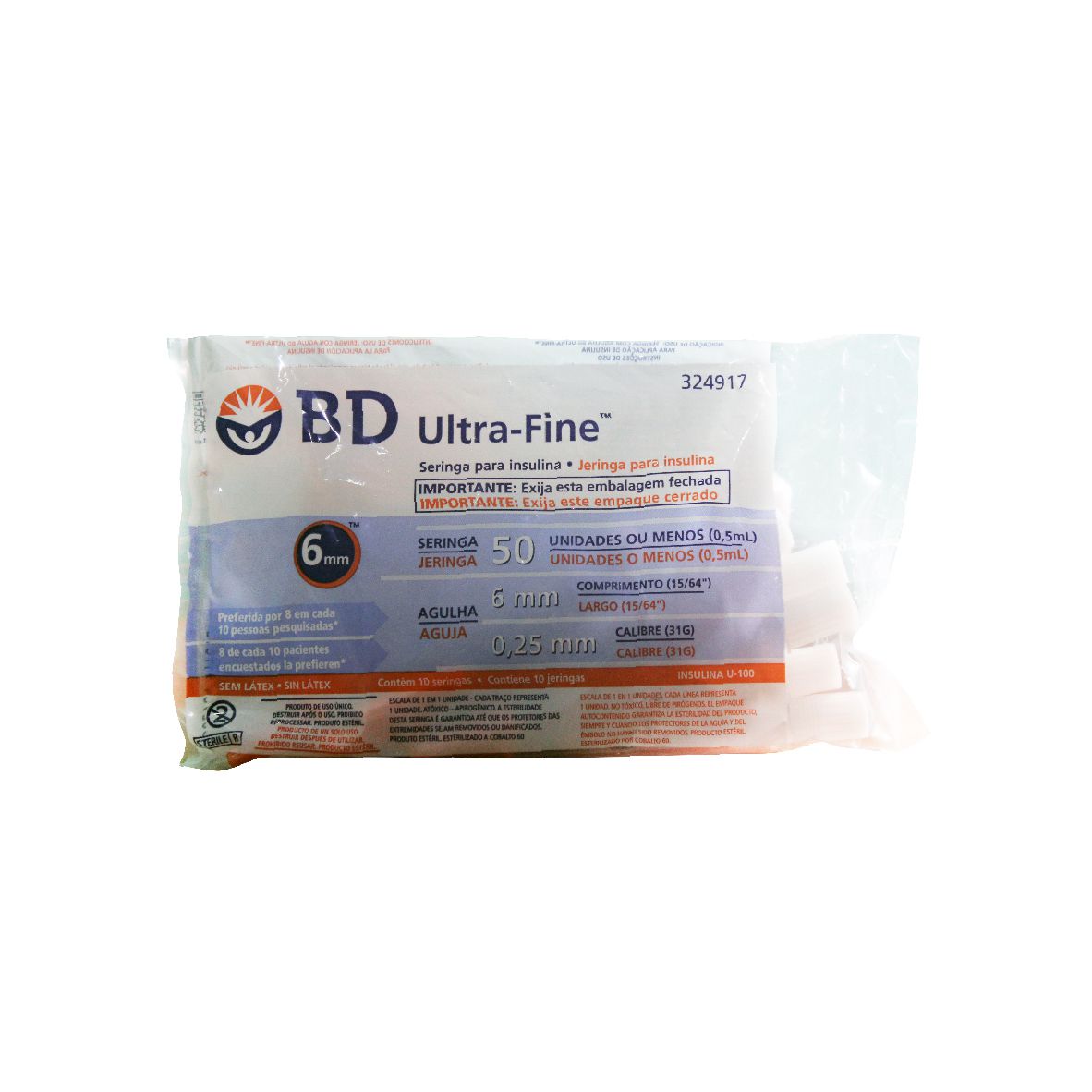 Seringa BD Ultra Fine 50ui 6mm 10 Unidades - Farmácia Central do Diabético