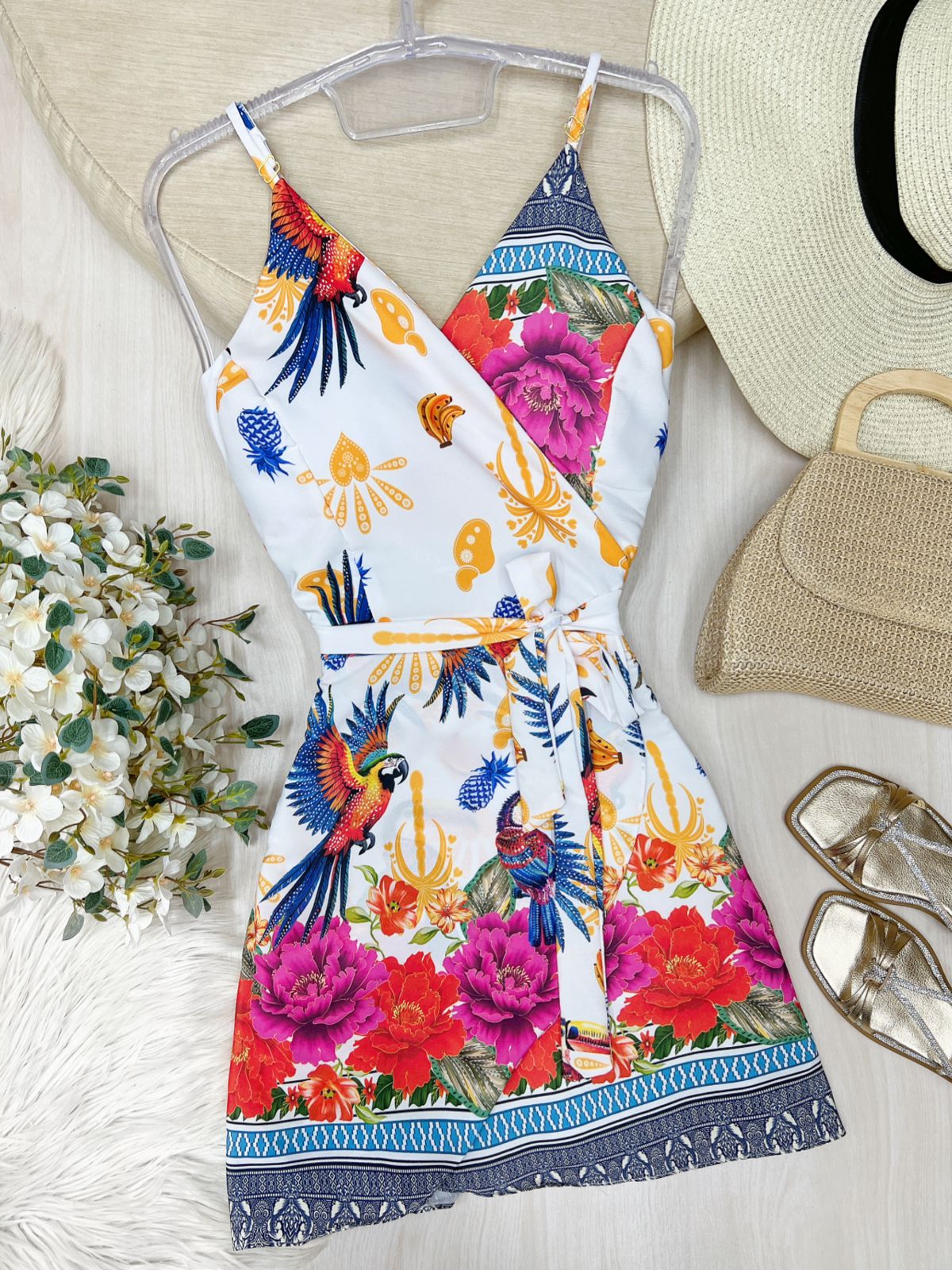 Vestido Envelope Emily Estampado Branco Rosas Fernanda Tavares Store Moda Feminina de Qualidade