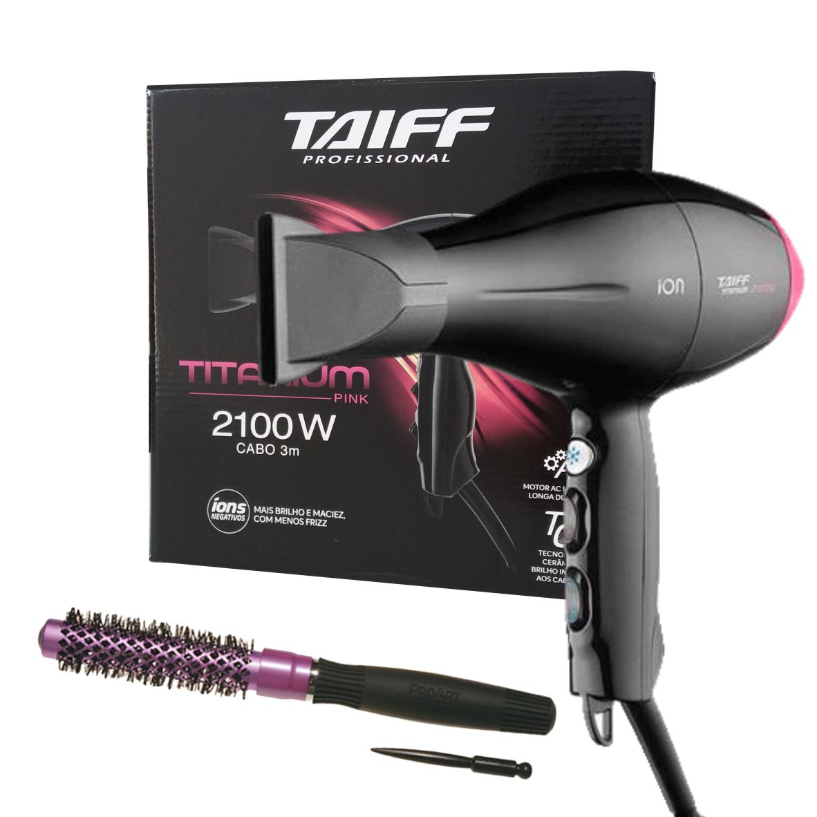 KIT COLORS ROXO PROF. - SECADOR CABELO TAIFF TITANIUM ION 2100W 220V +  ESCOVA PROART KP-20 - KIOSK DIGITAL