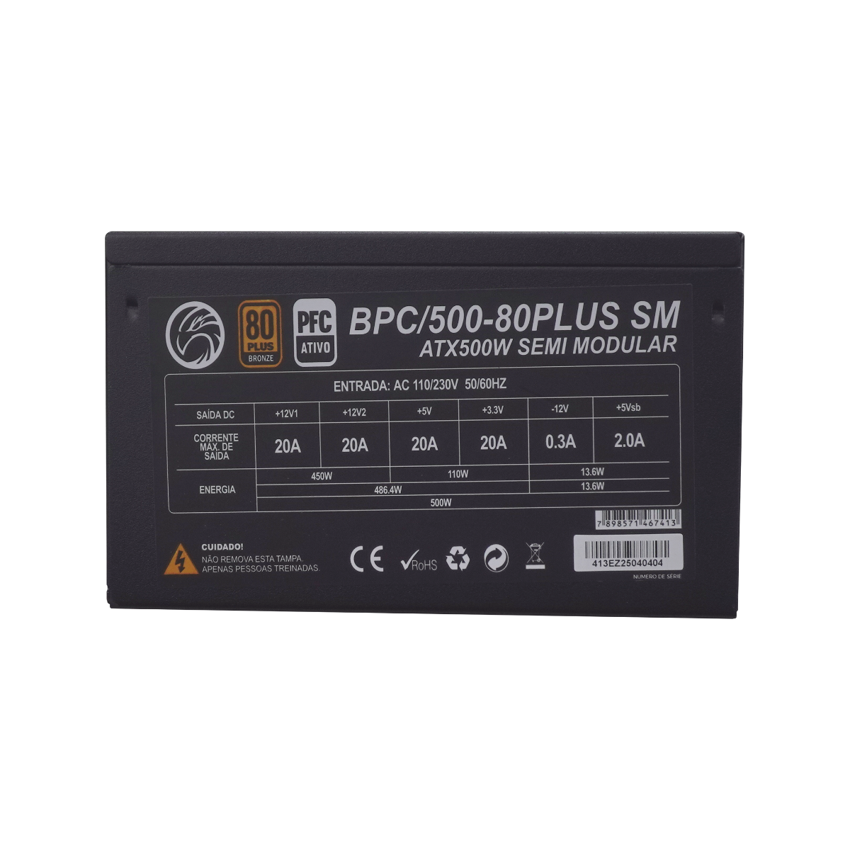 FONTE ATX 500W 80PLUS BRONZE BRAZILPC BPC/500-80PLUS SM 24 PINOS
