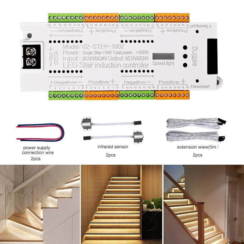Sensor Led Escada Central Controladora Escada 32 Degraus Sensor De Presença 12V 24V ...