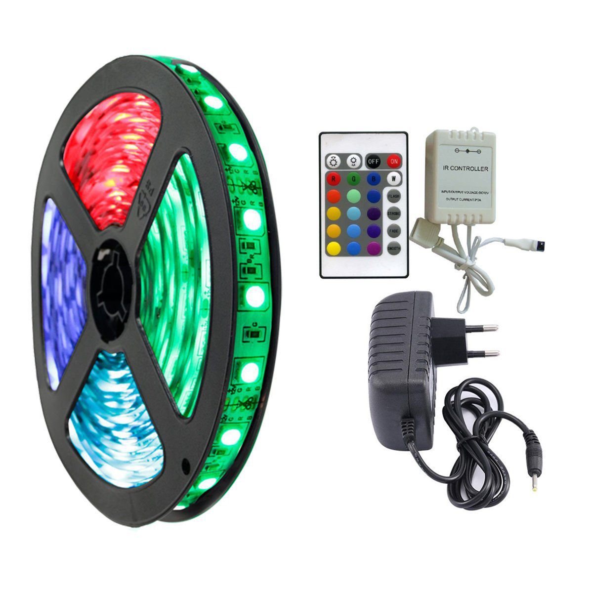 Fita LED RGB 10m 5050 IP65 - Kit Completo Com Controle 24 Teclas