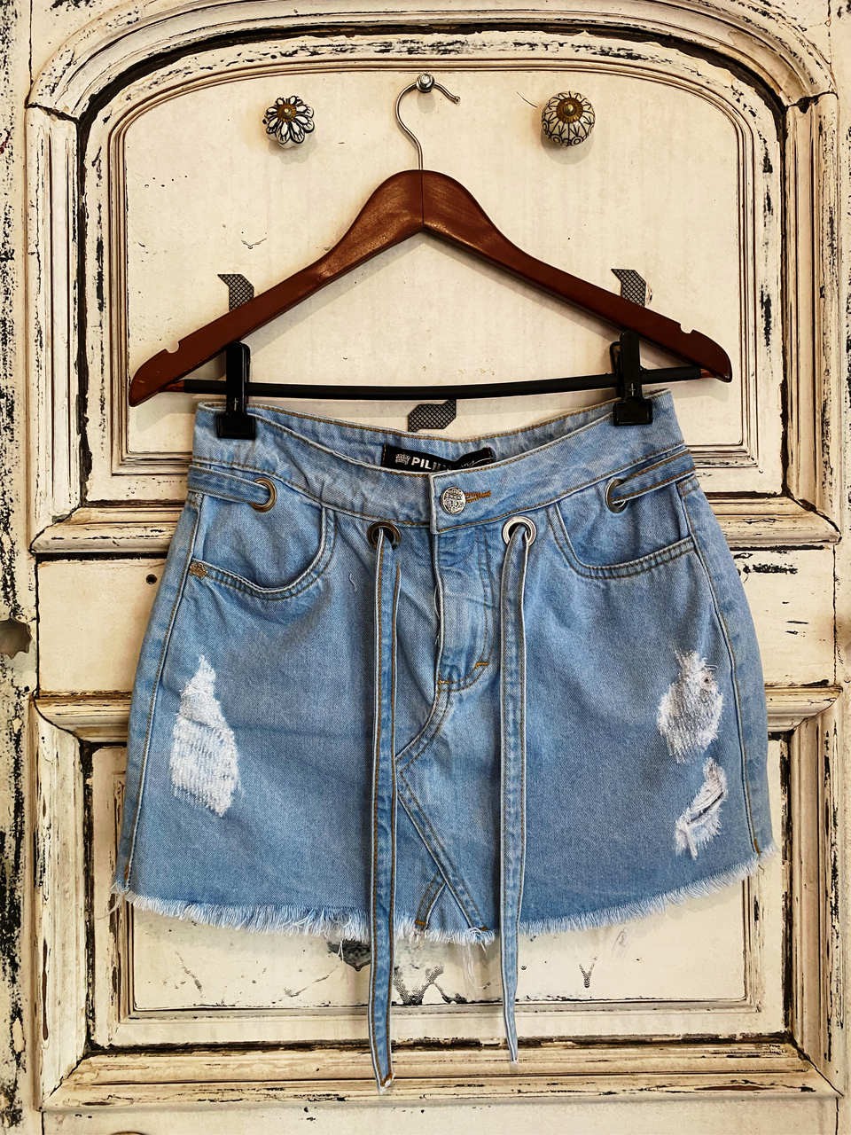 Saia Curta Jeans com amarração (40) - luzdavillashop