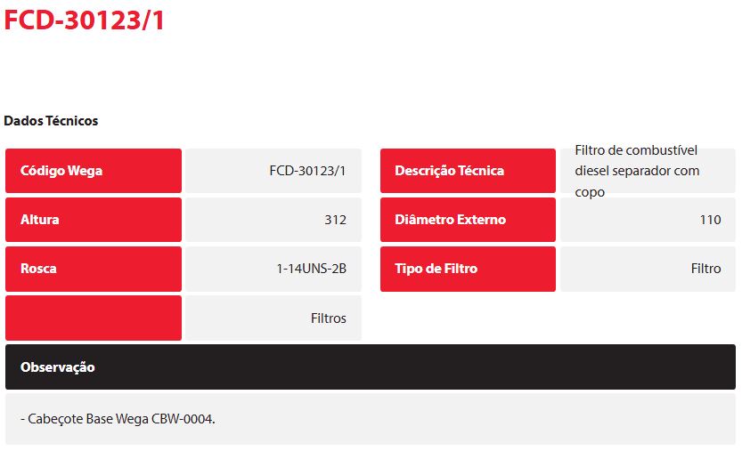 FCD30123/1 - FILTRO DE COMBUSTIVEL WEGA - All Shine