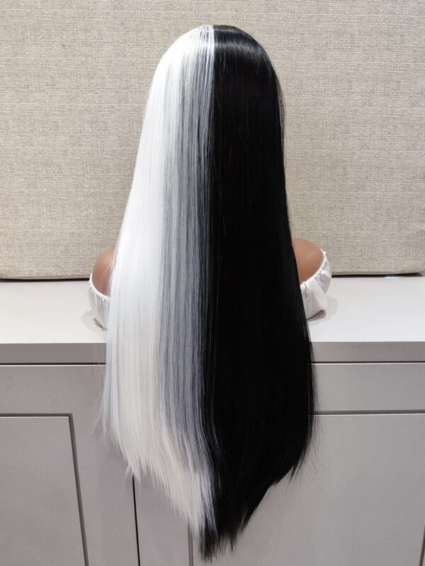 Peruca Longa Lisa 2 Cores Preto e Branco Com Franja Cosplay Cruella ...
