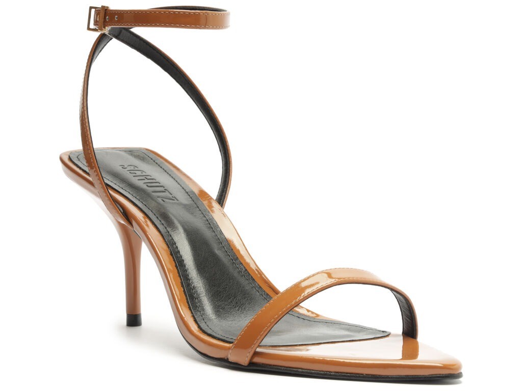 SANDALIA SCHUTZ SALTO ALTO VERNIZ BICO FOLHA MARROM Lojas Trend