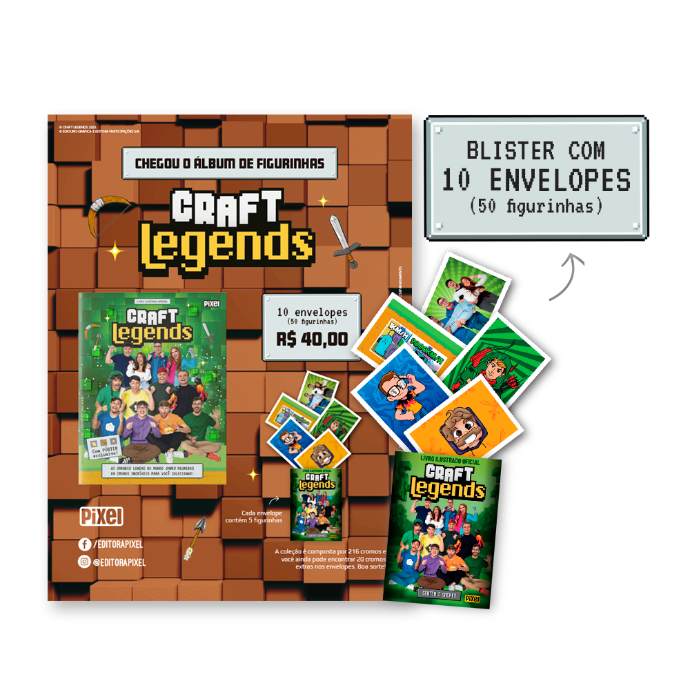 Kit de 10 envelopes com 50 cromos - Livro ilustrado Craft Legends