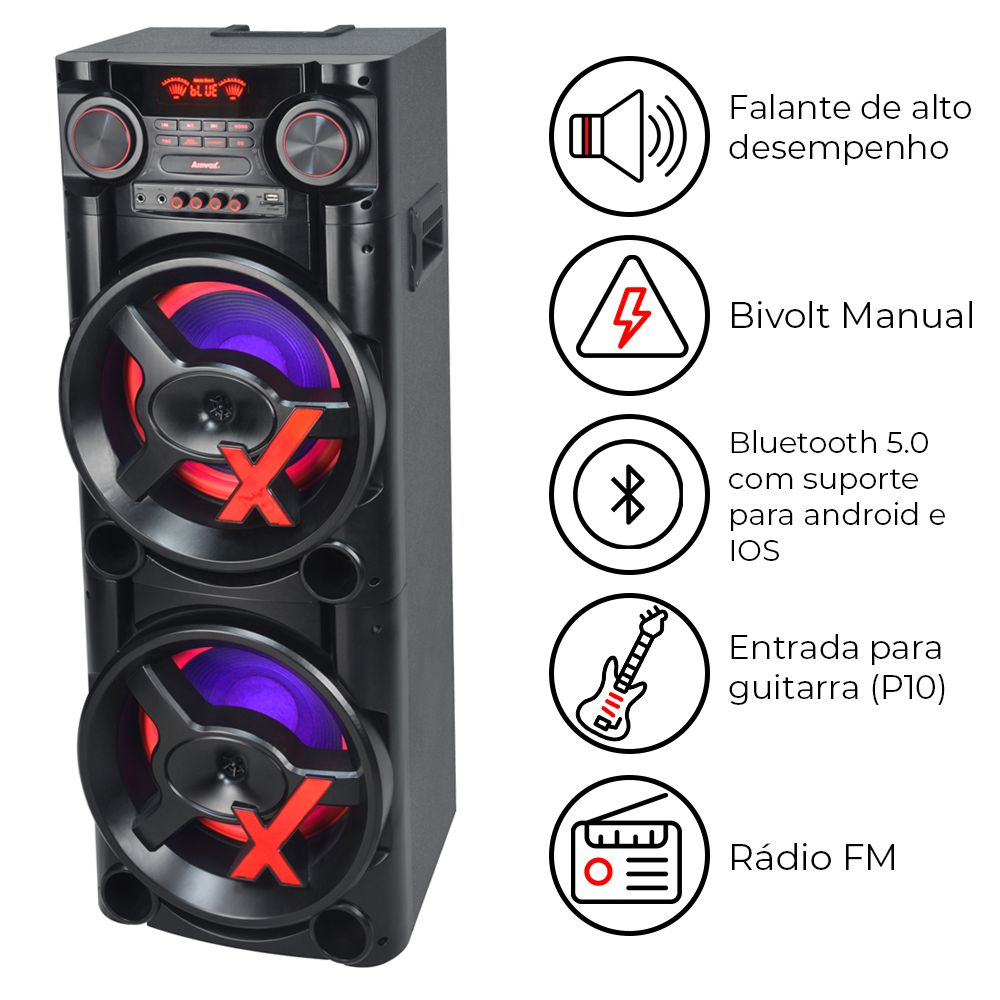 Caixa De Som Amvox New X 1900W Bluetooth Bivolt + Microfone Com